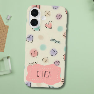 Playful Doodles of Hearts, Dots and Wavy Lines iPhone 16 Case