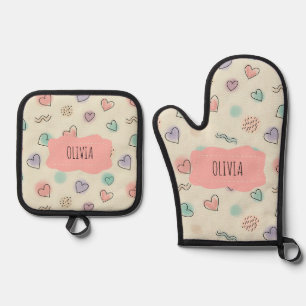Playful Doodles of Hearts, Dots and Wavy Lines Oven Mitt & Pot Holder Set