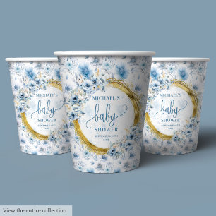 Playful dusty blue watercolor flowers gold baby  paper cups