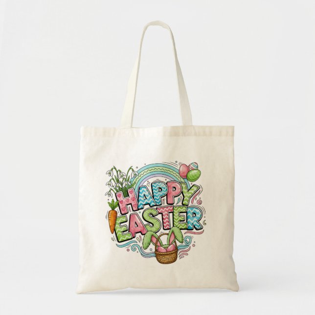 Playful Easter Artwork With Bunny Ears and Florals Tote Bag (Front)