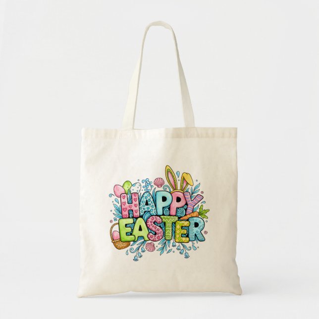 Playful Easter Artwork With Bunny Ears and Florals Tote Bag (Front)