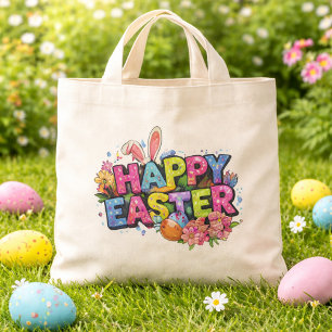 Playful Easter Artwork With Bunny Ears and Florals Tote Bag