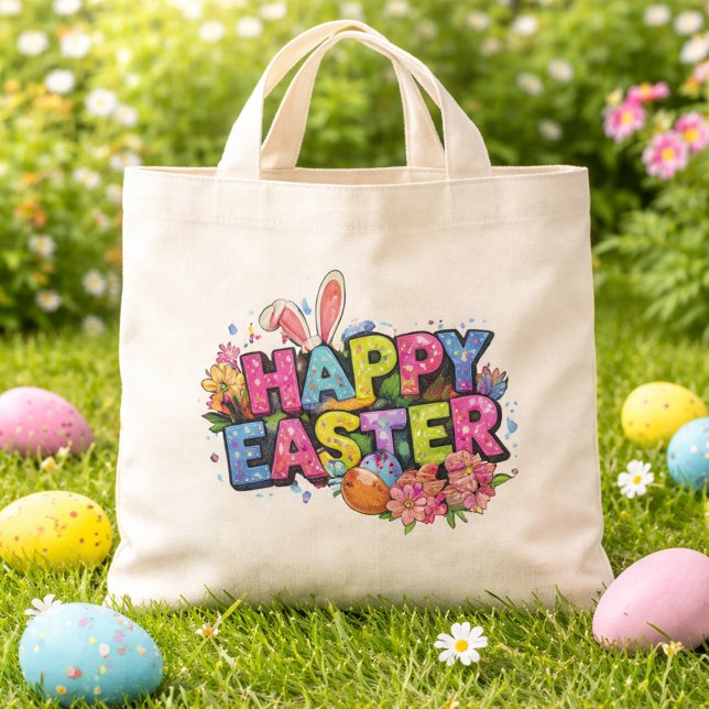 Playful Easter Artwork With Bunny Ears and Florals Tote Bag (Creator Uploaded)