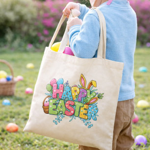 Playful Easter Artwork With Bunny Ears and Florals Tote Bag