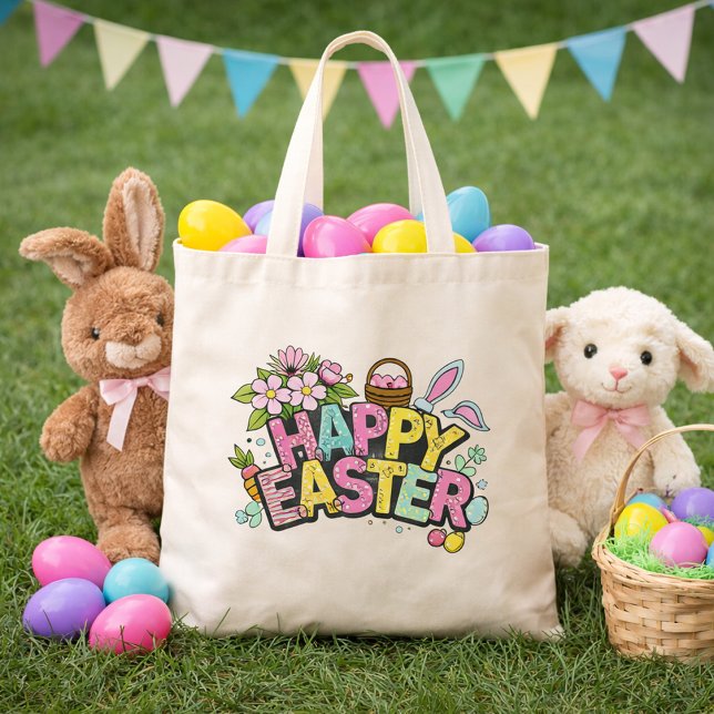 Playful Easter Artwork With Bunny Ears and Florals Tote Bag (Creator Uploaded)