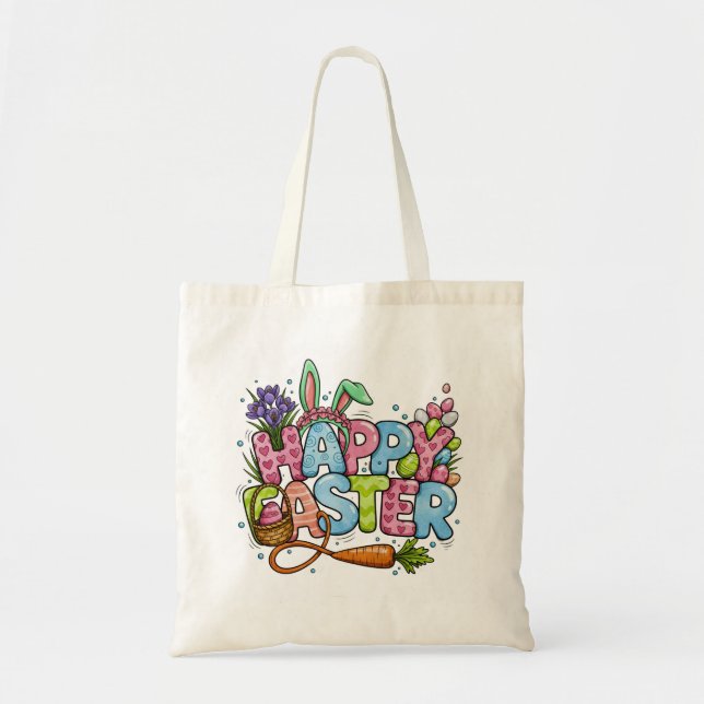 Playful Easter Artwork With Bunny Ears and Florals Tote Bag (Front)