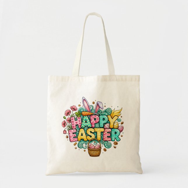 Playful Easter Artwork With Bunny Ears and Florals Tote Bag (Front)