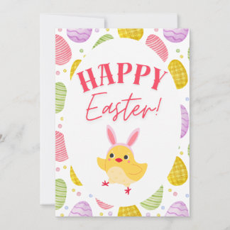 Playful Easter Chick & Colorful Eggs Holiday Card