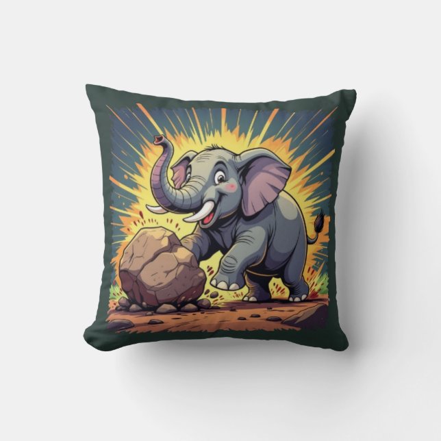 Playful Elephant Pushing a Rock – Fun Cartoon Anim Cushion (Front)
