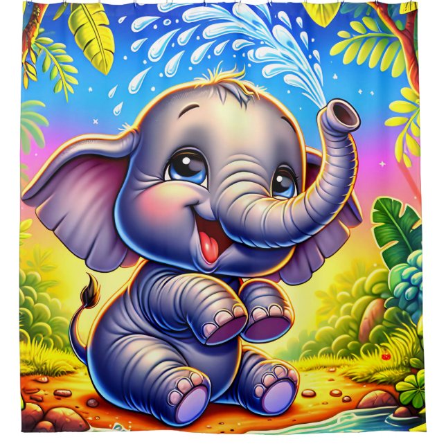 "Playful Elephant Splash" Shower Curtain (Front)