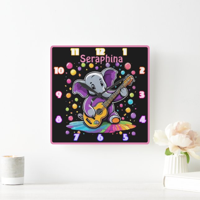 Playful elephant strumming a guitar with joy square wall clock (Home)