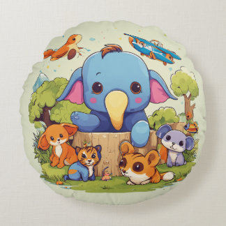 "Playful Elephants: Cartoon River Splash T-Shirt" Round Cushion