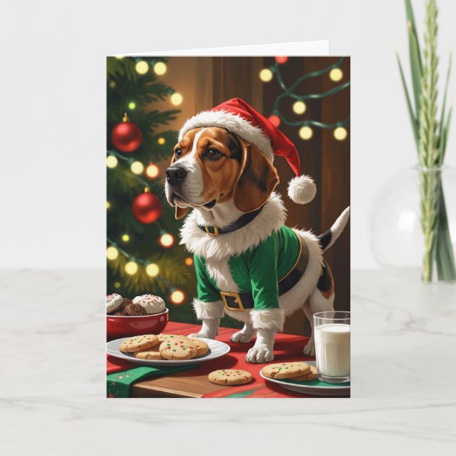 Playful Elf Beagle with Cookies for Santa Card (Front)