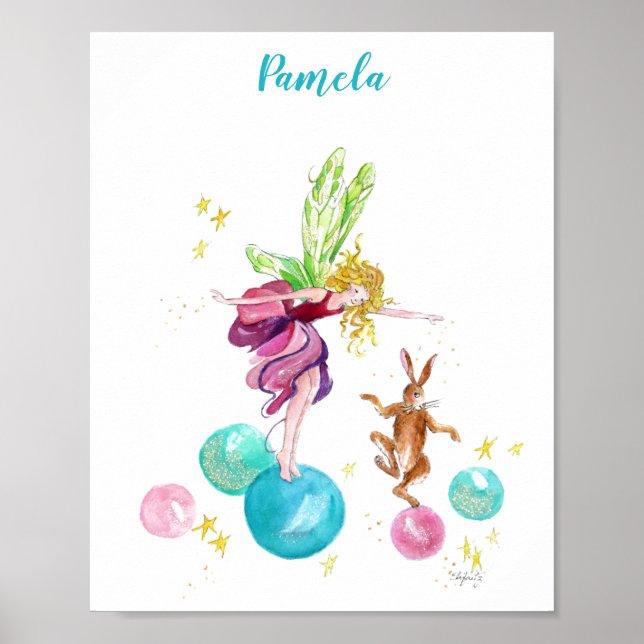 Playful Fairy on Coloured Balls with Rabbit Poster (Front)