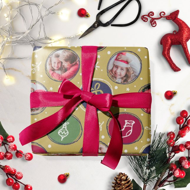 Playful Family Photo Collage Christmas Gold Wrapping Paper (Creator Uploaded)