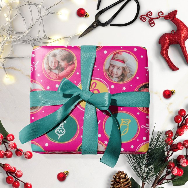 Playful Family Photo Collage Christmas Hot Pink Wrapping Paper (Creator Uploaded)