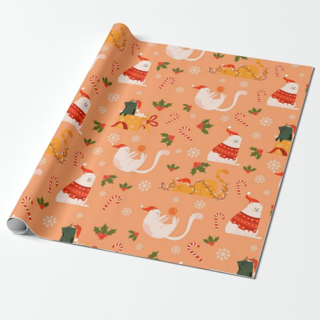 Playful Fat Cats Christmas Pattern Wrapping Paper (Unrolled)