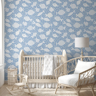 Playful Fish School Doodle XL white Wallpaper