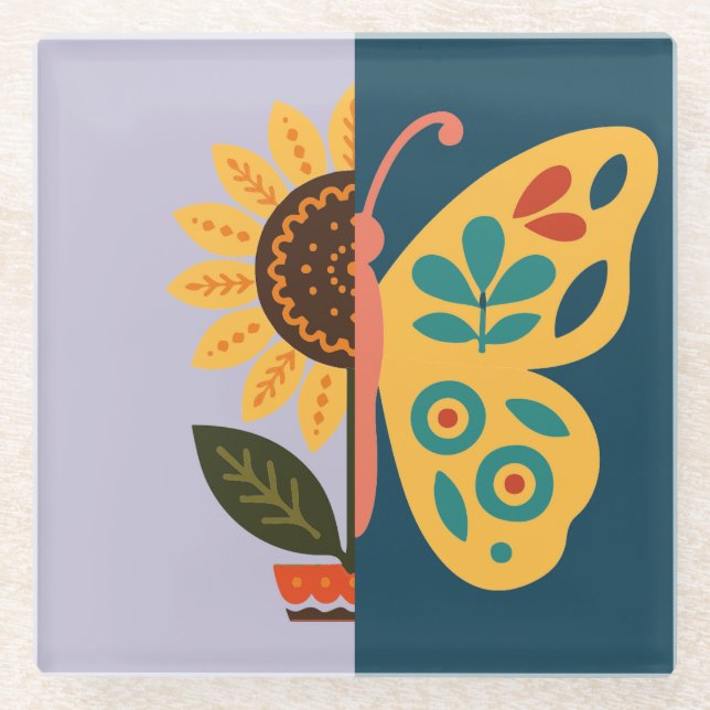 Playful floral and butterfly design  glass coaster (Front)