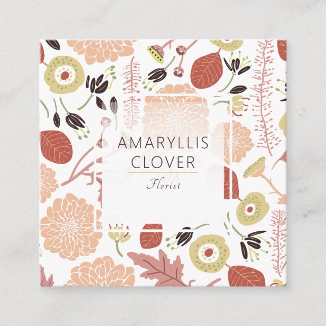 Playful Floral Mix Peach Green Illustrated Flowers Square Business Card (Front)