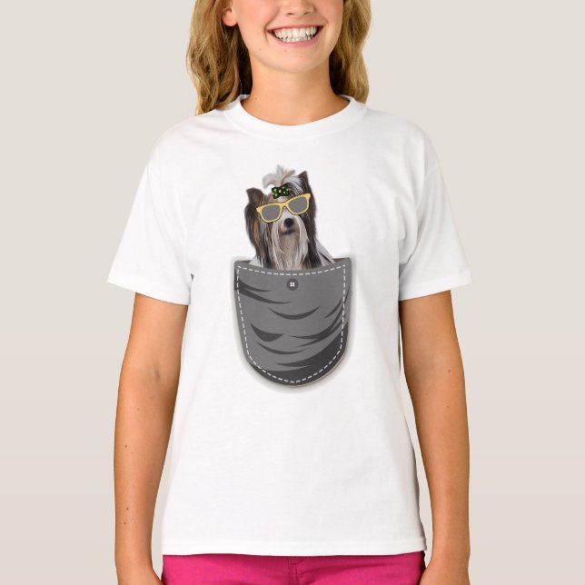 Playful Fluffy Puppy Dog in Pocket T-Shirt (Front)
