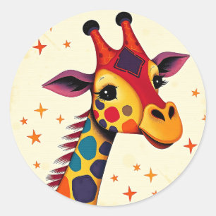 Playful Folk Art Giraffe with Stars Classic Round Sticker