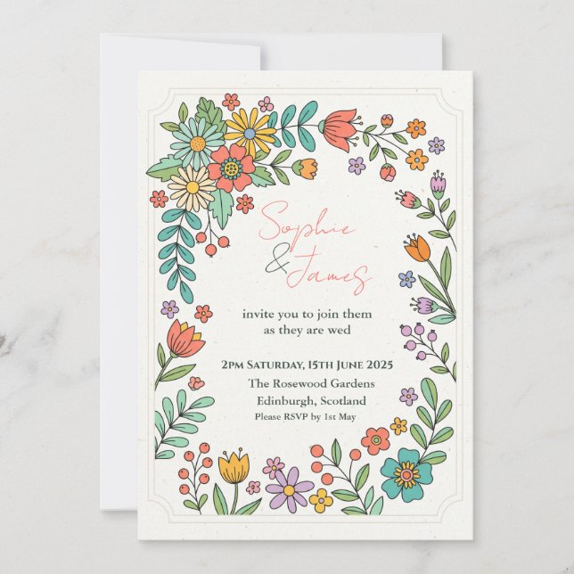 Playful Folk Floral Wedding Invitation (Front)