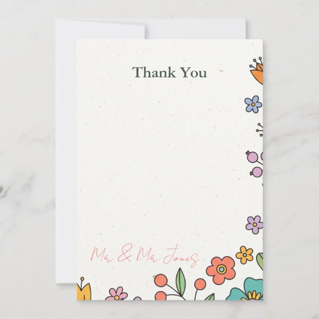 Playful Folk Floral Wedding Thank You Card (Front)