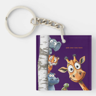 Playful Forest Creatures Purple Square Design Key Ring