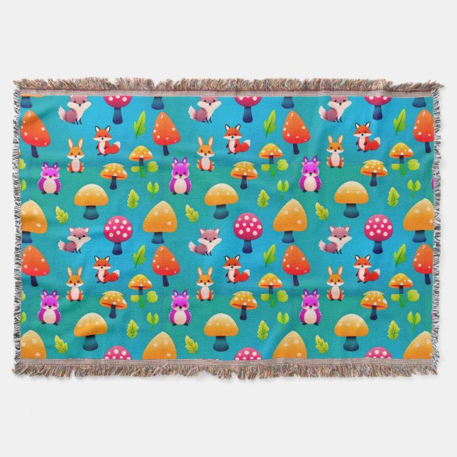 🌿 Playful Forest Cute Animals Cosy Nature Scene  Throw Blanket (Front)