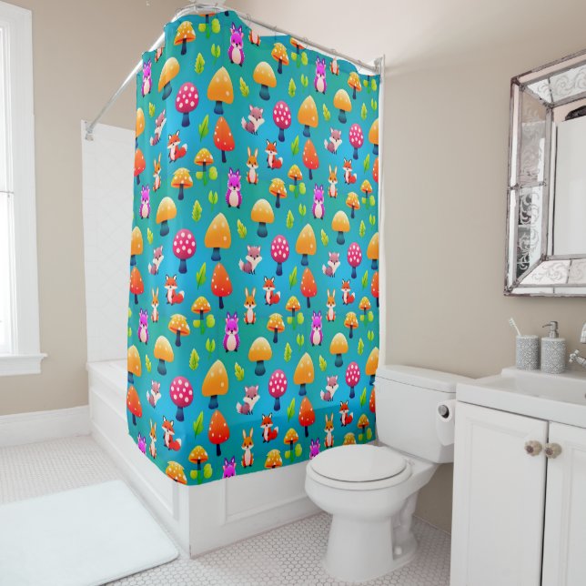 Playful Forest Scene With Cute Animals Shower Curtain (In Situ)