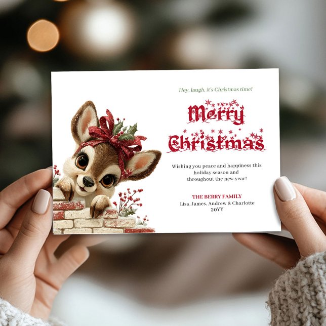 Playful Funny Reindeer Snow kids holiday greeting  Card (Playful Funny Reindeer Snow kids holiday greeting card)