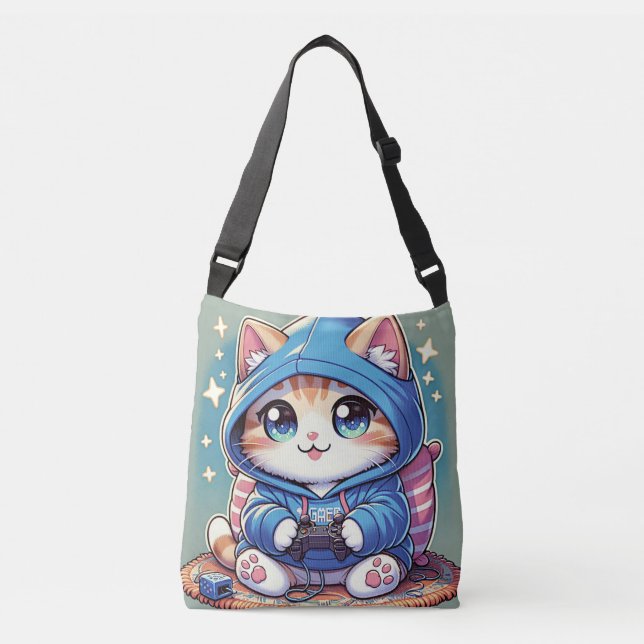 Playful Gamer Cat  in Cosy Setting Crossbody Bag (Front)