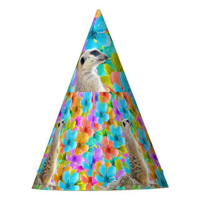 Playful Garden: Meerkat Amid Tricolored Blossoms Party Hat (Front)