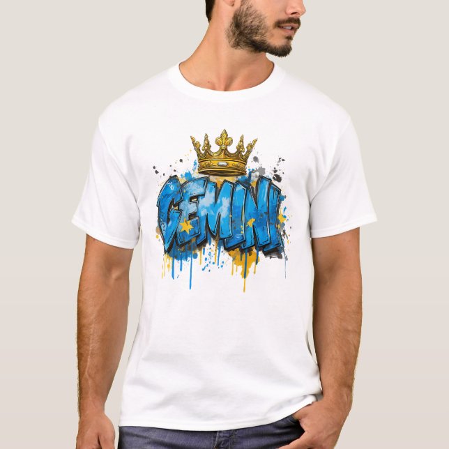 Playful Gemini Zodiac Graffiti Airbrush with Crown T-Shirt (Front)
