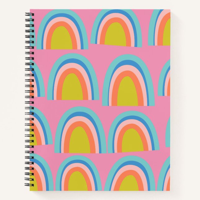 Playful Geometric Rainbow Pattern in Bright Pink Notebook (Front)