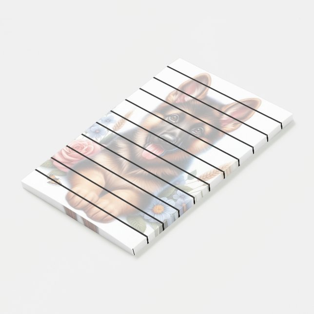 Playful German Shepherd Puppy with Flowers  Post-it Notes (Angled)