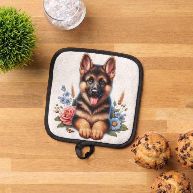 Playful German Shepherd Puppy with Flowers Pot Holder (Top Down)