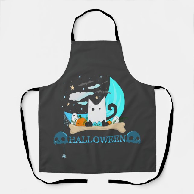 Playful Ghost Cat Haunts Halloween Night Apron (Front)