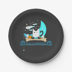 Playful Ghost Cat Haunts Halloween Night Paper Plate