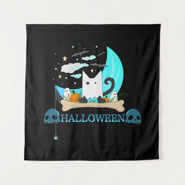 Playful Ghost Cat Haunts Halloween Night Tapestry (Front)