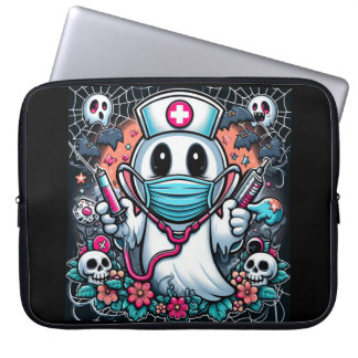 Playful Ghost Nurse in Mask and Hat: Halloween Laptop Sleeve