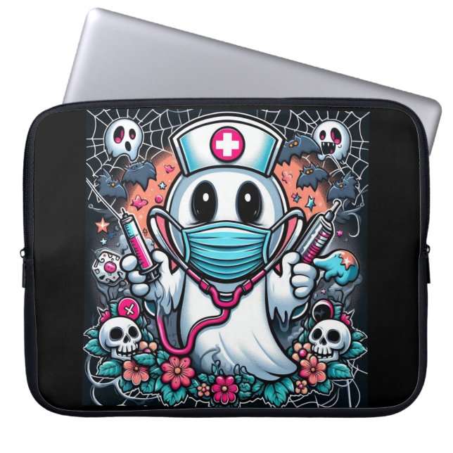 Playful Ghost Nurse in Mask and Hat: Halloween Laptop Sleeve (Front)