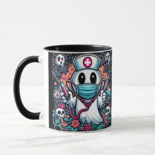 Playful Ghost Nurse in Mask and Hat: Halloween Mug