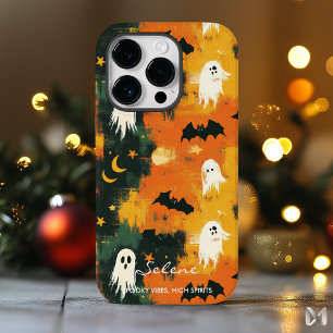 Playful Ghosts and Bats on Orange Halloween Night iPhone 14 Pro Case