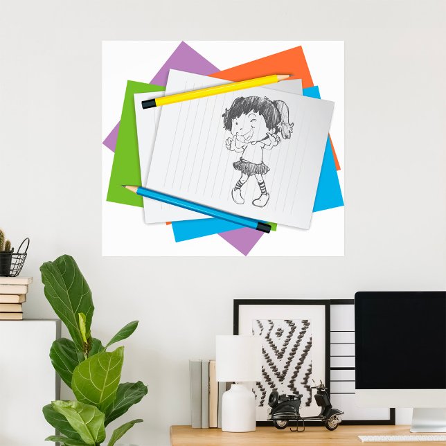 Playful Girl Sketch Drawing with Colourful Pencils Poster (Creator Uploaded)