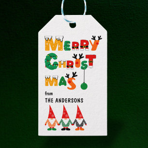 Playful Gnomes Whimsical Fonts Merry Christmas Gift Tags