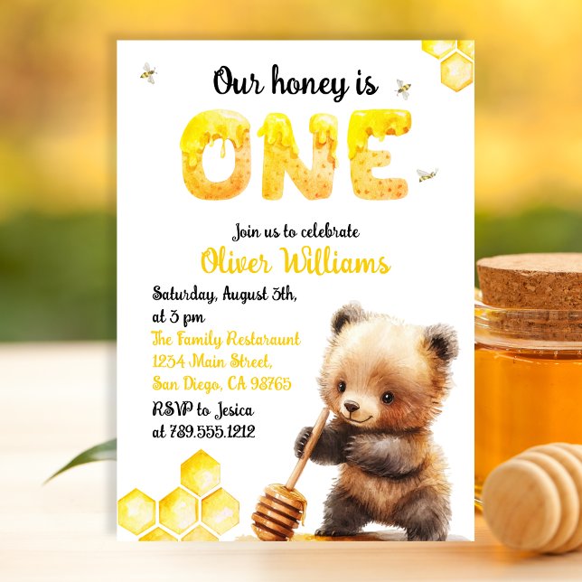 Playful Golden Bee-Themed Bear One Year Birthday Invitation (Creator Uploaded)