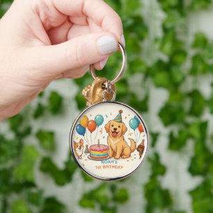 Playful Golden Retriever Puppy Birthday Key Ring