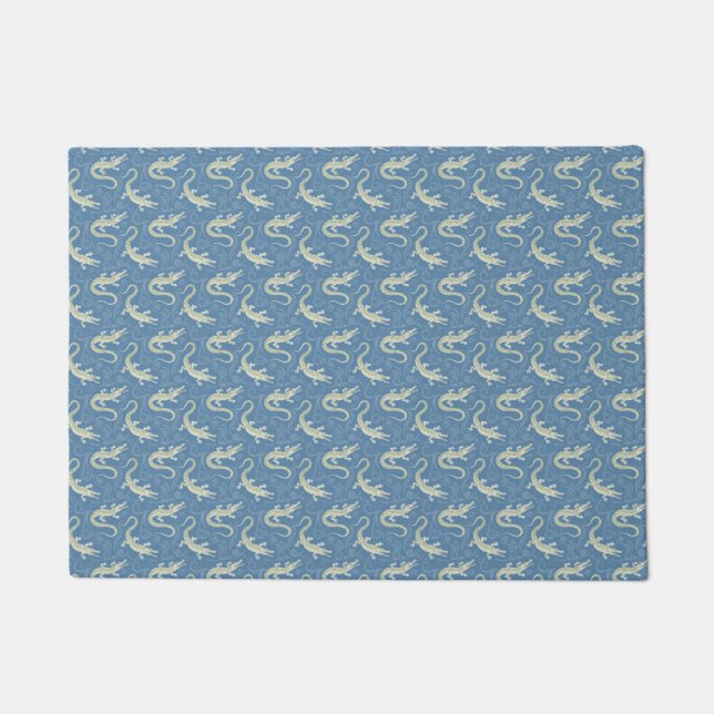 Playful Green Alligator Paisley on Blue Doormat (Front)